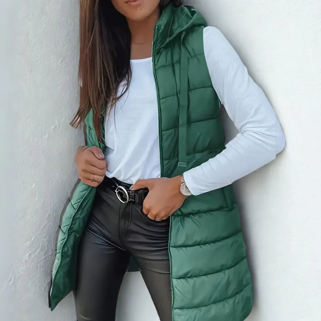 Edith | Long Sleeveless Hooded Gilet in Nine Colours