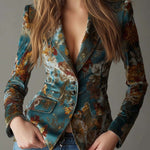 Bernadette | Fitted Vintage Teal Velvet Blazer with Floral Print