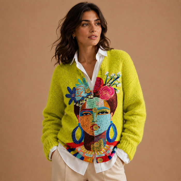 Beatrix | Button-Up Cardigan with Artistic Portrait