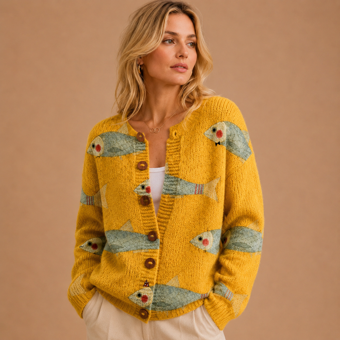 Amber | Vintage Button-Up Knit Cardigan with Artistic Fish and Sardine Design