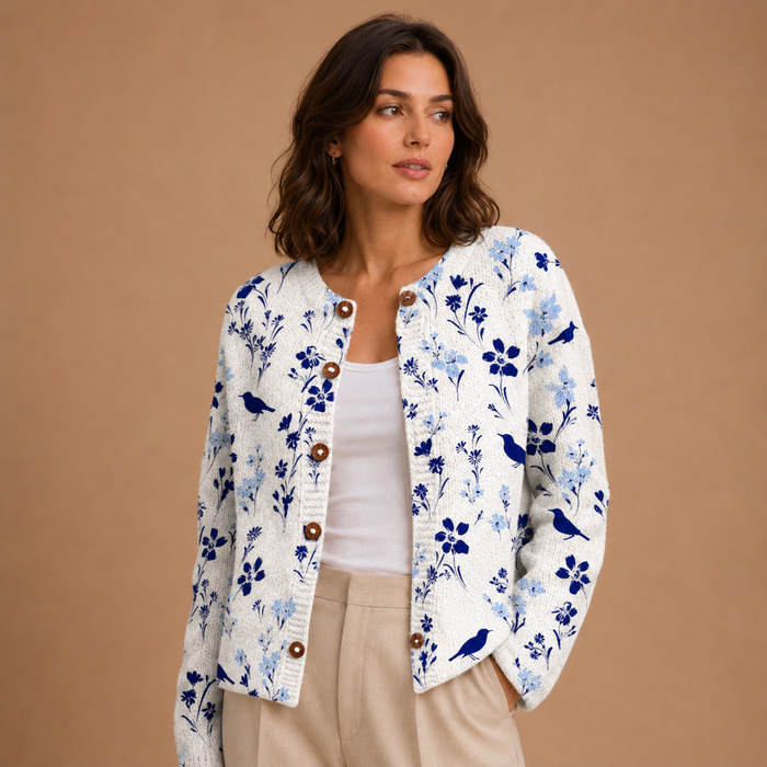 Elizabeth | Vintage Button-Up Knit Cardigan with Blue Floral Design