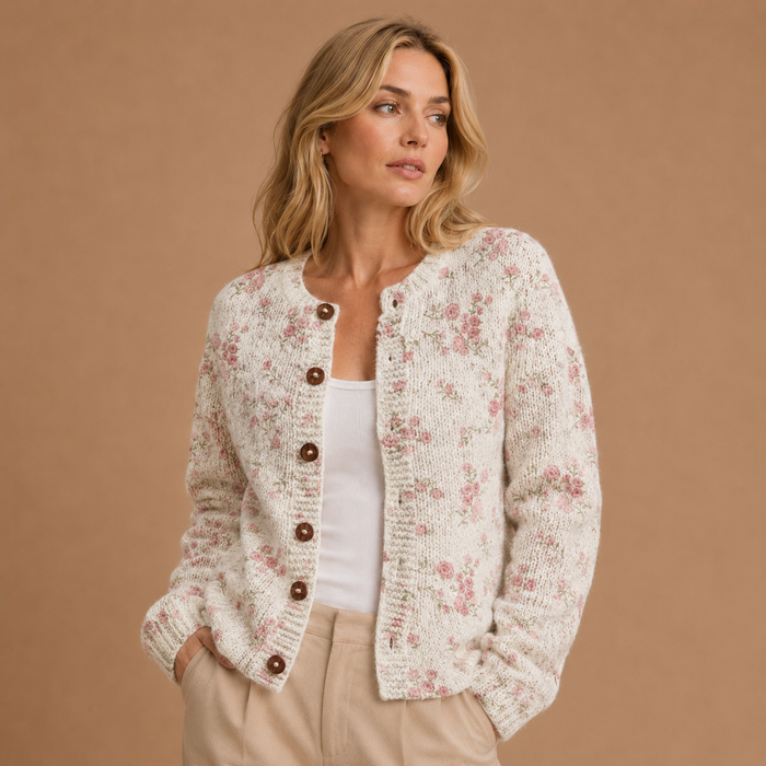 Doreen | Pink Rose Design Button-Up Knit Cardigan