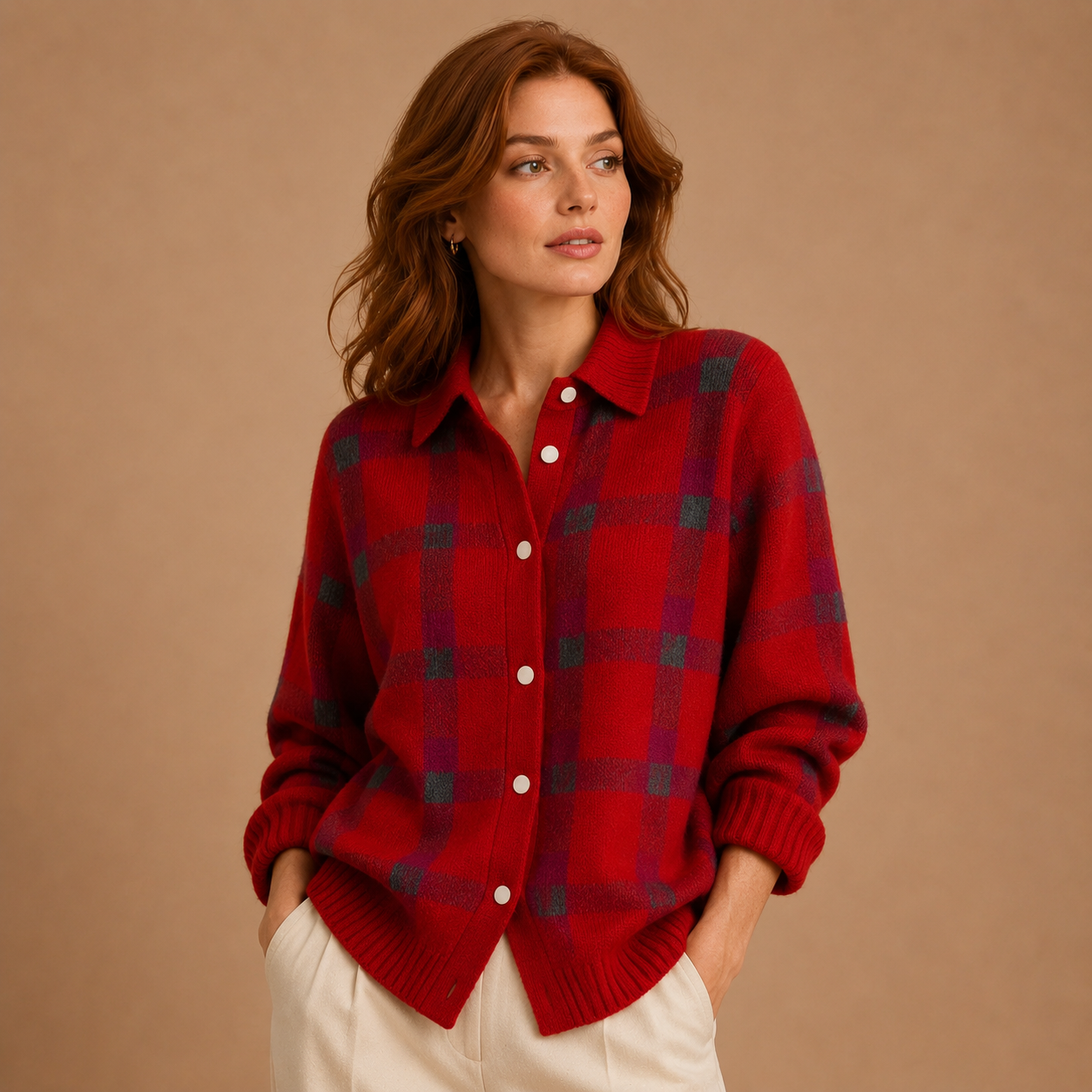 Brittany | Soft Check Button-Up Knit Cardigan