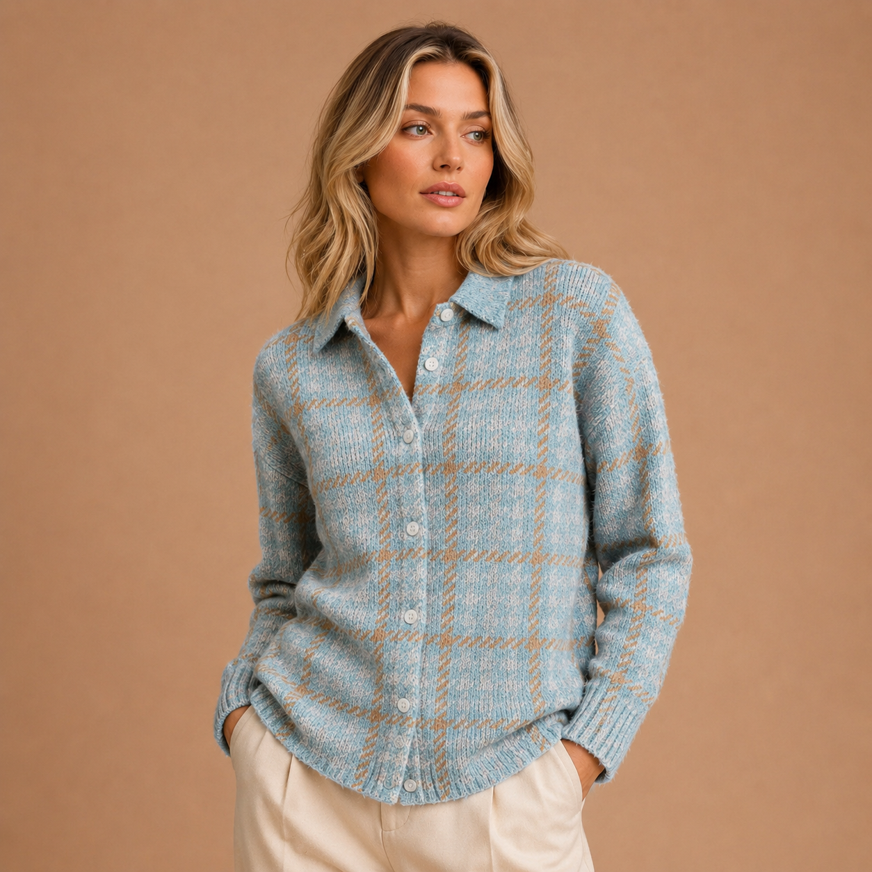 Clara | Sky Blue Check Button-Up Cardigan