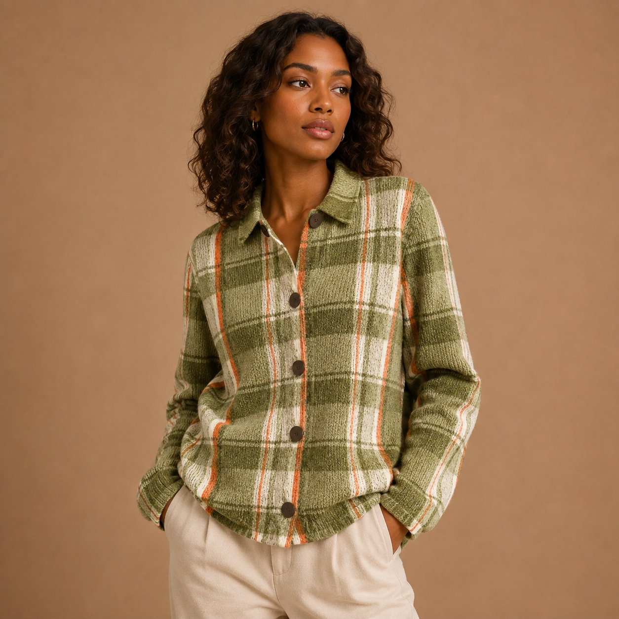 Hazel | Olive Green Check Button-Up Knitted Jacket
