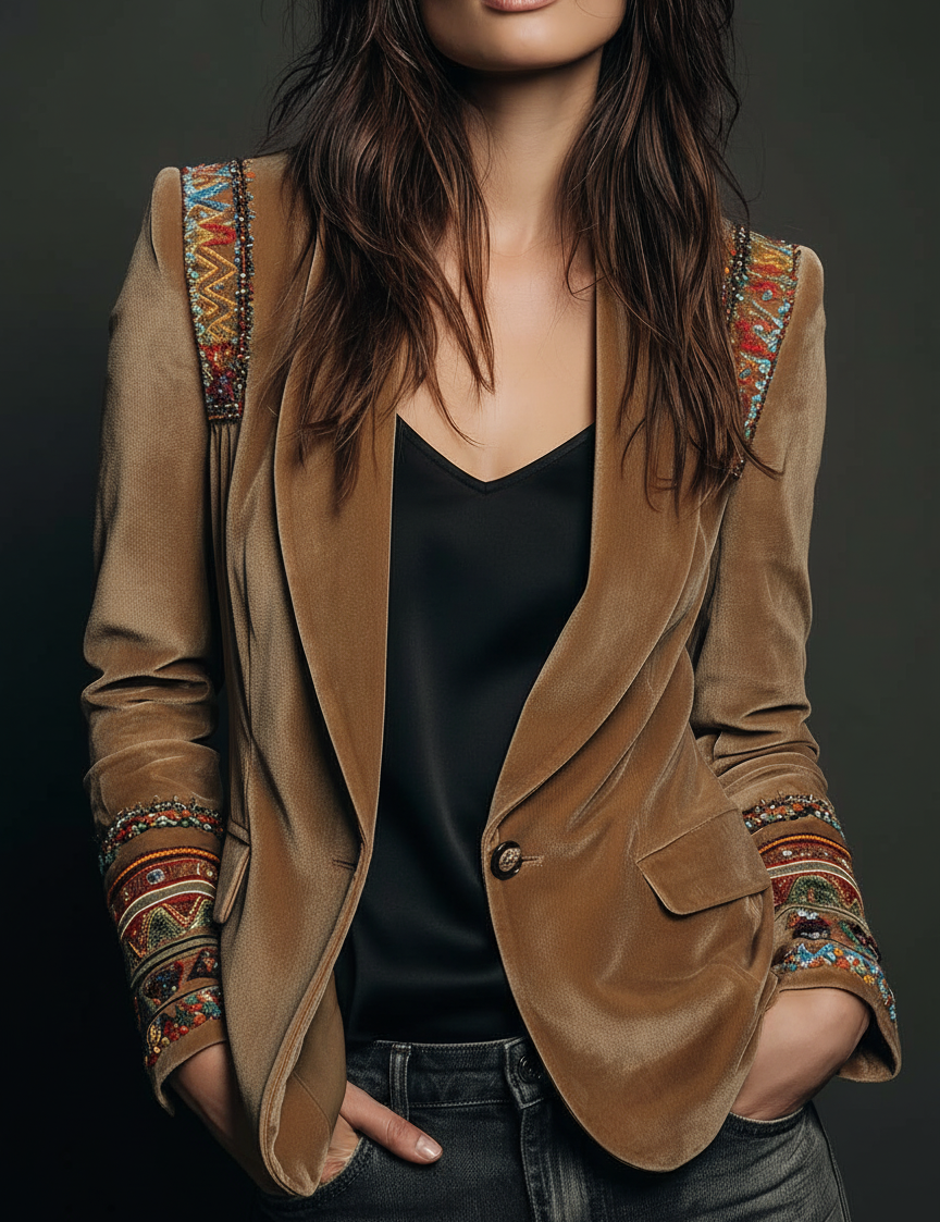 Betty | Embroidered Polyester Velvet Jacket with Bohemian Details
