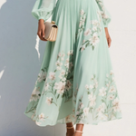 Edwina | Green Floral Chiffon Midi Dress