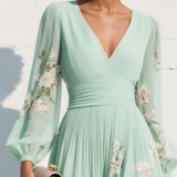 Edwina | Green Floral Chiffon Midi Dress