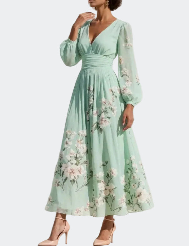 Edwina | Green Floral Chiffon Midi Dress