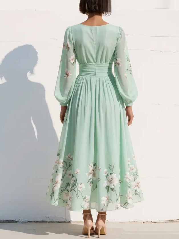 Edwina | Green Floral Chiffon Midi Dress