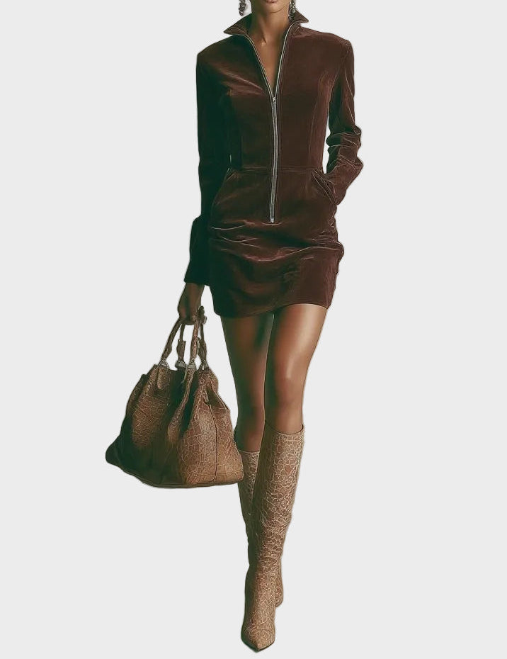 Henrietta | Brown High-Neck Zip Mini Dress