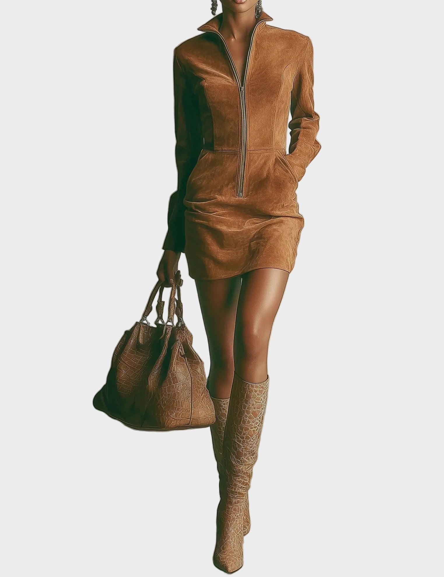 Henrietta | Brown High-Neck Zip Mini Dress