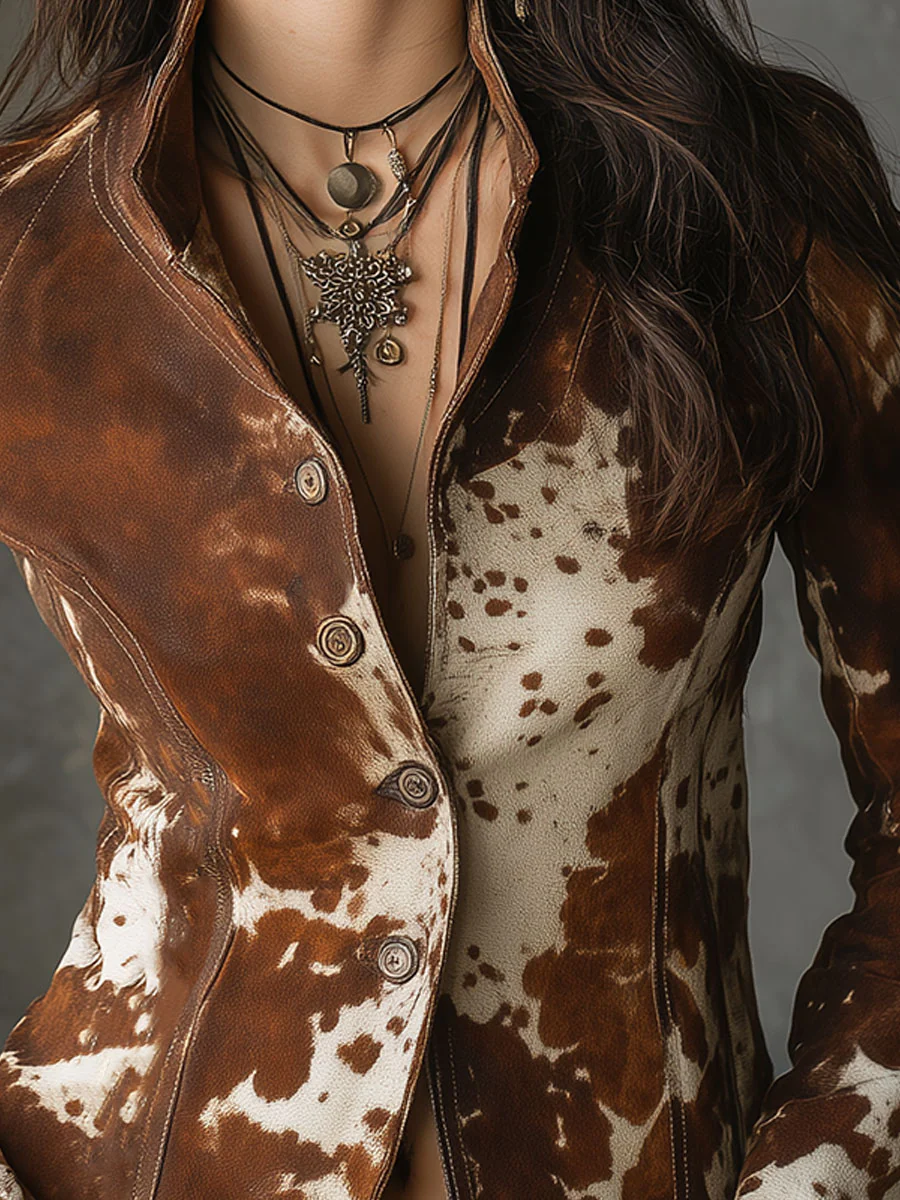 Amanda | Vintage Slim-Fit Stand-Collar Cow Print Jacket