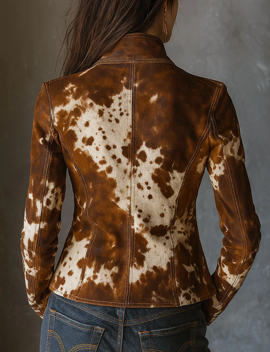 Amanda | Vintage Slim-Fit Stand-Collar Cow Print Jacket