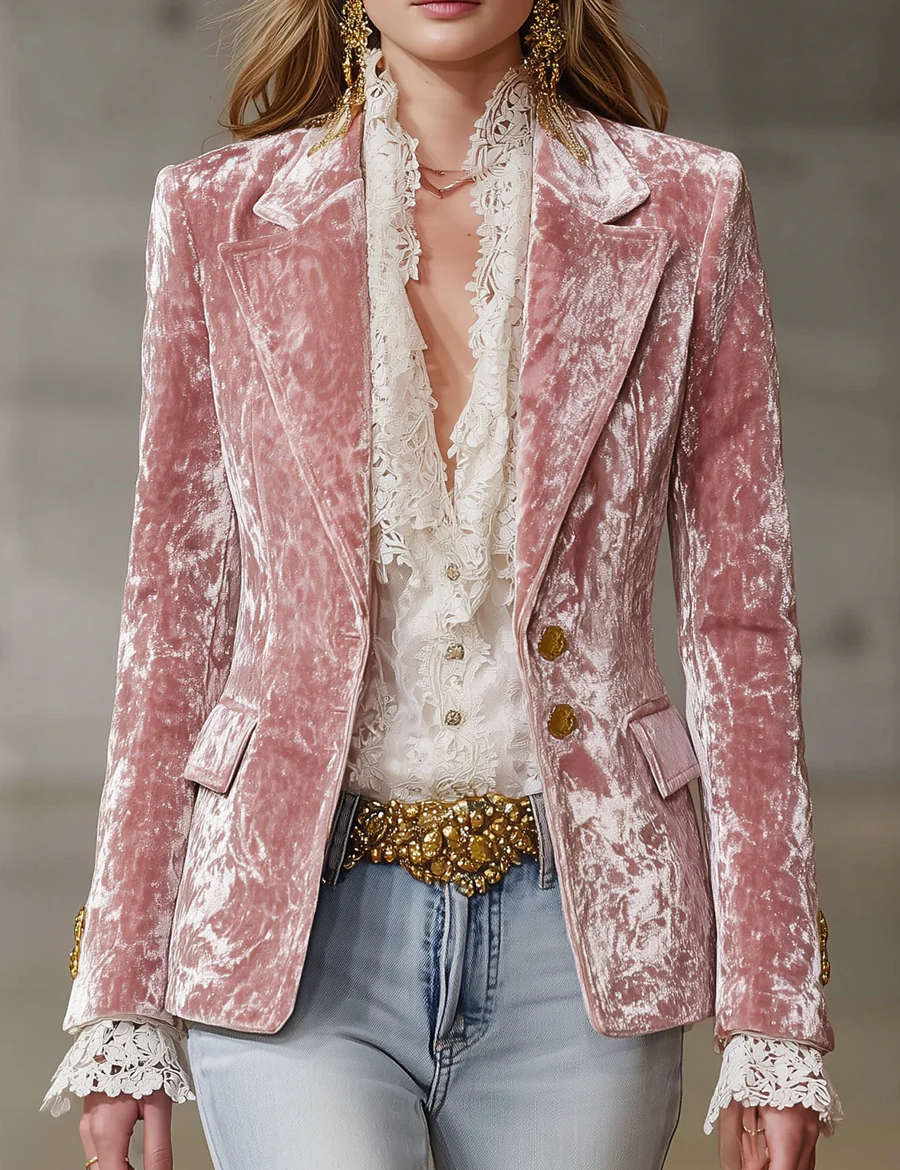 Agatha | Retro Pink Velvet Blazer with Gold Buttons