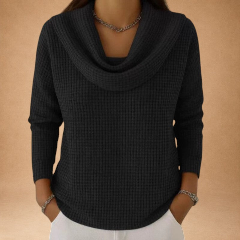 Marina | Warm Waffle-Knit Top with Elegant Draped Collar