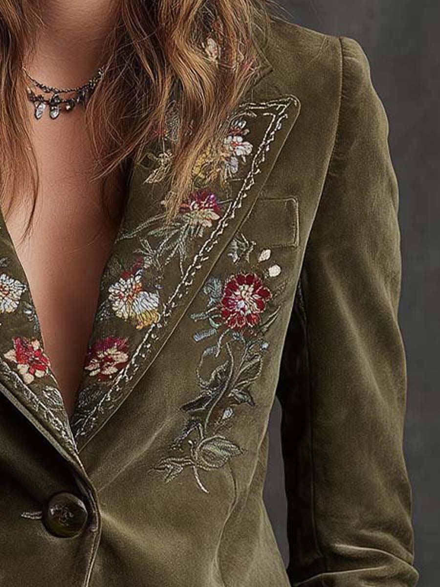 Blanche | Olive Velvet Blazer with Floral Embroidery