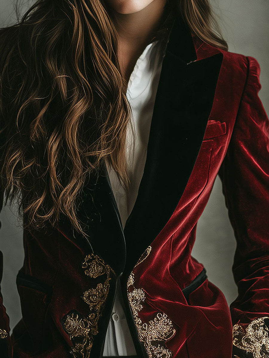 Betty | Elegant Black Blazer with Luxurious Gold-Embroidered Velvet Trim