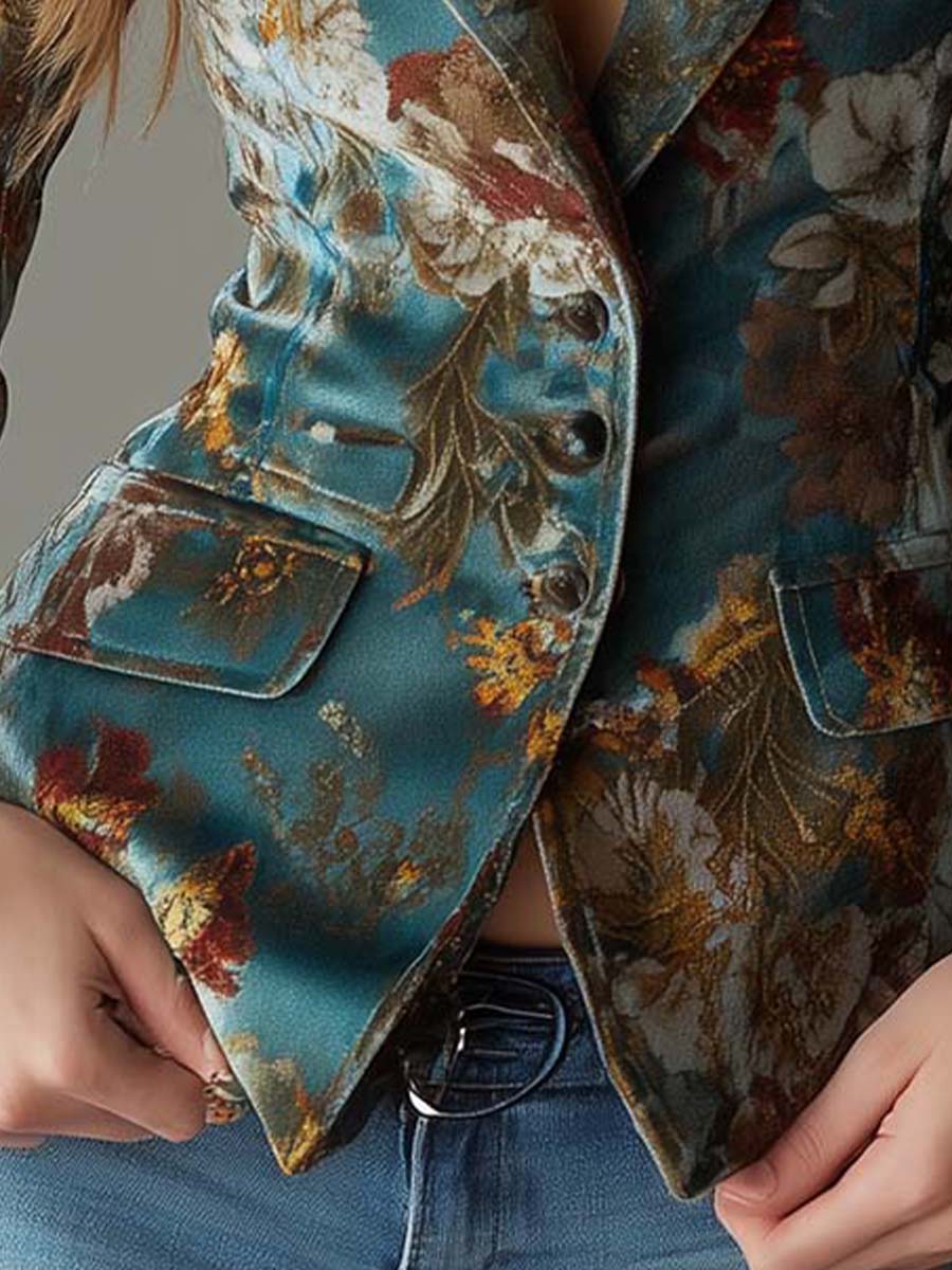 Bernadette | Fitted Vintage Teal Velvet Blazer with Floral Print