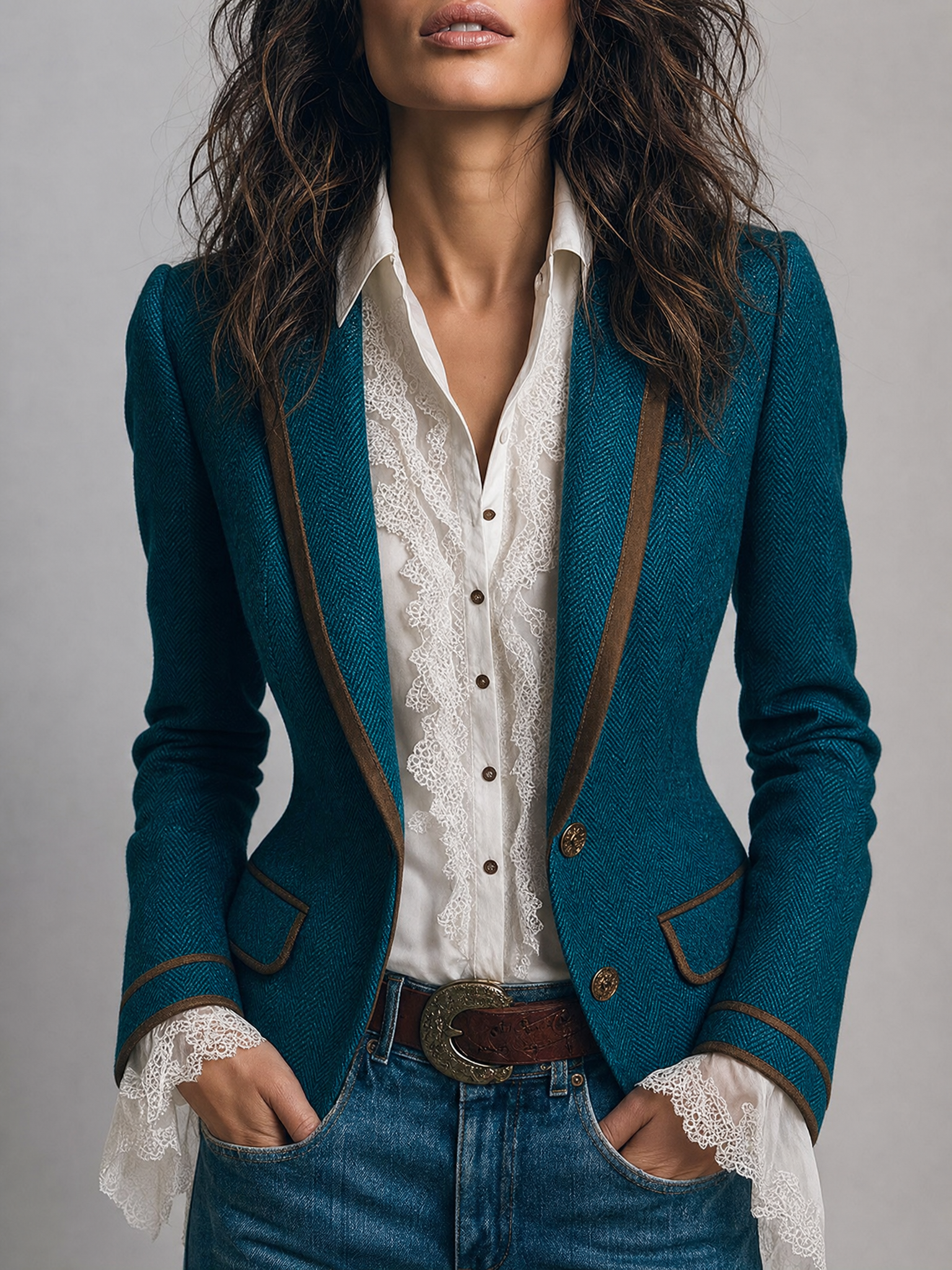 Anne | Retro Herringbone Jacket with Contrast Details