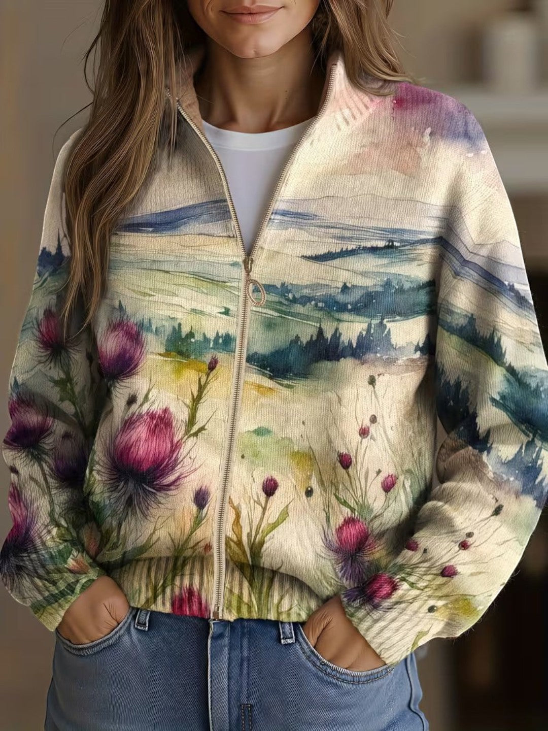 Heather | Clover and Landscape Pattern Cardigan
